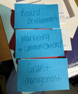 Executive director planning session with handwritten sticky notes for organizational leadership priorities